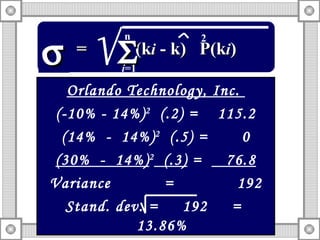 Orlando Technology, Inc.  (-10% - 14%) 2   (.2) =  115.2 (14%  -  14%) 2   (.5) =  0 (30%  -  14%) 2   (.3)  =  76.8 Variance  =  192 Stand. dev. =  192  =  13.86% =  (k i  - k)  P(k i ) 2   n i =1 