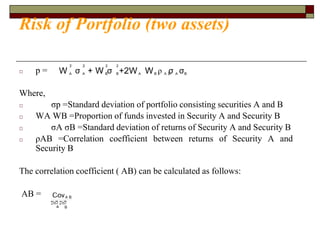 Risk of Portfolio (two assets)
□ p =
Where,
□ σp =Standard deviation of portfolio consisting securities A and B
□ WA WB =Proportion of funds invested in Security A and Security B
□ σA σB =Standard deviation of returns of Security A and Security B
□ ρAB =Correlation coefficient between returns of Security A and
Security B
The correlation coefficient ( AB) can be calculated as follows:
AB =
σ ρ
σ σ
σ
 
