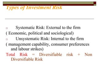 Types of Investment Risk
□ Systematic Risk: External to the firm
( Economic, political and sociological)
□ Unsystematic Risk: Internal to the firm
( management capability, consumer preferences
and labour strikes)
Total Risk = Diversifiable risk + Non
Diversifiable Risk
 
