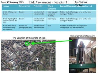 Date: 7th January 2013                 Risk Assessment - Location 1                               By Oksana
 Hazard                    Person at risk      Probability       Worst                            Torhan
                                                                                   Control Measures taken against risk
                                                                 Outcome
 1. Risk of falling over   Student             remote/unlikely   Major injury or   Told the student / colleague to be careful while
 the bars                                      but conceivable   permanent         leaning on the bars.
                                                                 disability
 2. Risk of getting foot   Student             remote/unlikely   Major injury      Told the student / colleague to be careful while
 trapped between the                           but conceivable                     leaning on the bars.
 bars.
 3. Risk of the metal      Student and         remote/unlikely   fatal             Made the student aware of dangers and
 structure breaking        photographer (me)   but conceivable                     consequences and they watched out.
 and collapsing



                                                                                                  The original photograph:
                 The Location of the photo-shoot:
 