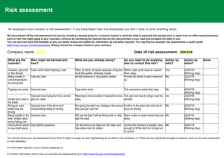 Risk assessment
All employers must conduct a risk assessment. If you have fewer than five employees you don't have to write anything down.
We have started off the risk assessment for you by including a sample entry for a common hazard to illustrate what is expected (the sample entry is taken from an office-based business).
Look at how this might apply to your business, continue by identifying the hazards that are the real priorities in your case and complete the table to suit.
You can print and save this template so you can easily review and update the information as and when required. You may find our example risk assessments a useful guide
(http://www.hse.gov.uk/risk/casestudies). Simply choose the example closest to your business.
Company name:       Date of risk assessment: 25/01/19
What are the
hazards?
Who might be harmed and
how?
What are you already doing? Do you need to do anything
else to control this risk?
Action by
who?
Action by
when?
Done
Uneven ground
in the forest
Cast and crew tripping over Plan to stick of open spaces of grass
and the paths already made
Warn cast and crew to watch
their step
me 24/2/19
(filming day)
Being outside in
cold temperatures
for a long time
Cast and crew will tell everyone to bring warm clothes Provide hot drinks to warn everyone
up
Me 24/2/19
(filming day)
Tripping over wires Cast and crew Tape down wires Tell everyone to watch their step Me 24/2/19
(filming day)
Horses and cows in
the forest
Cast and crew being hurt if an animal
gets too close
Planning to move location if needed to move
away
Tell cast and crew to not go near the
animals
me 24/2/19
(filming day)
filming an actor
whilst they are
driving
Cast and crew if the driver isn’t
concentrating fulling on driving
Not giving the actor any dialogue, the camera
may just pan over her
Confirm to the actor she only has to
focus on driving
Me 24/2/19
(filming day)
Being outside in the
dark, limited vision,
actors falling over
Cast and crew Will use the light I will be filming with to help
light the area
Warm actors to watch where they are
going
Me 24/2/19
(filming day)
Having lots of actors
in one small space
Cast getting squashed Tell all extras to be lively but still make sure
they allow room for others
Control the numbers of people, have
enough to fill the shot but not get out
of control
Me 24/2/19
(filming day)
You should review your risk assessment if you think it might no longer be valid (eg following an accident in the workplace or if there are any significant changes to hazards, such as new work equipment
or work activities)
For information specific to your industry please go to
For further information and to view our example risk assessments go to http://www.hse.gov.uk/risk/casestudies/
 
