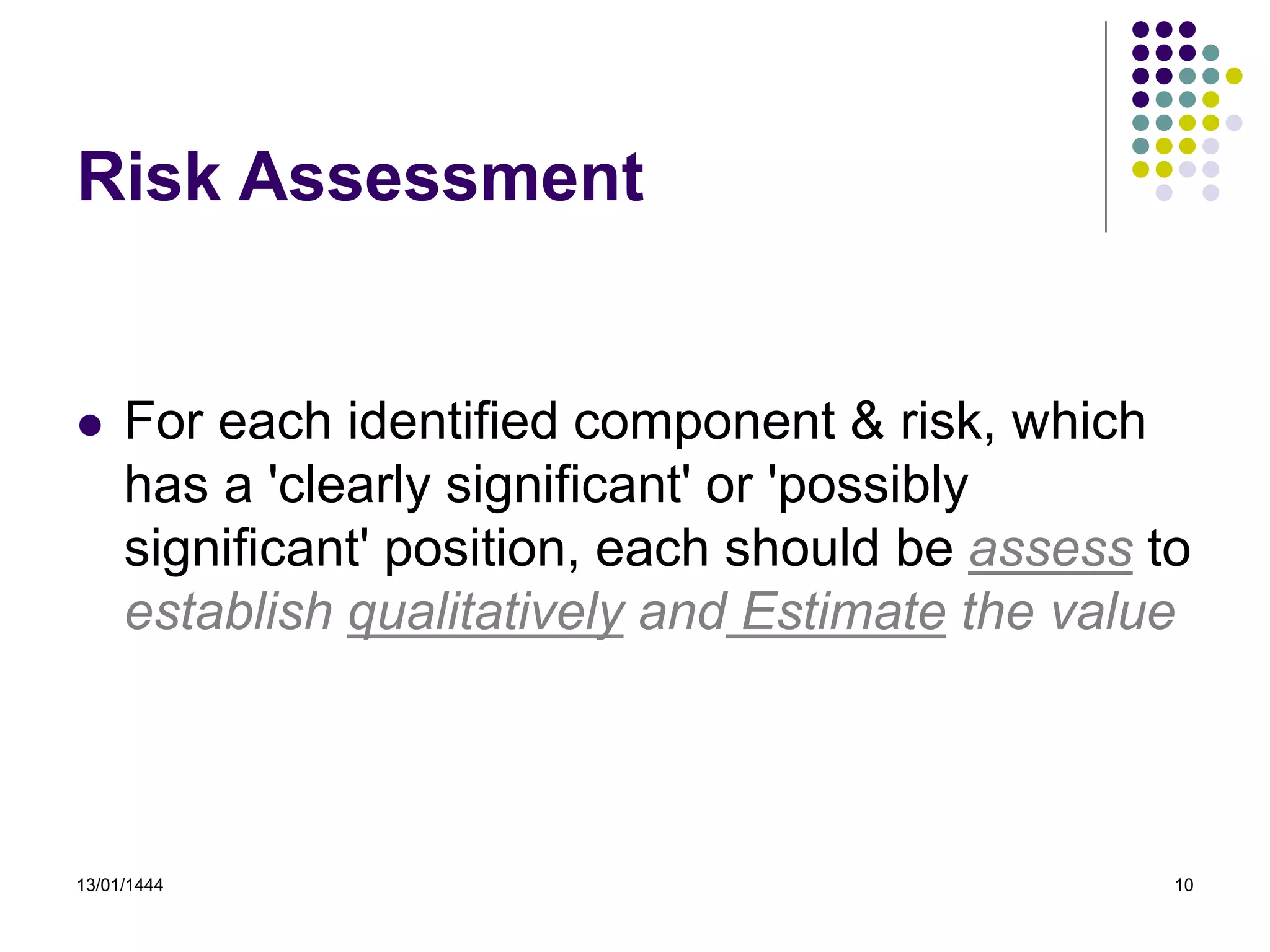 13/01/1444 10
Risk Assessment
 For each identified component & risk, which
has a 'clearly significant' or 'possibly
significant' position, each should be assess to
establish qualitatively and Estimate the value
 