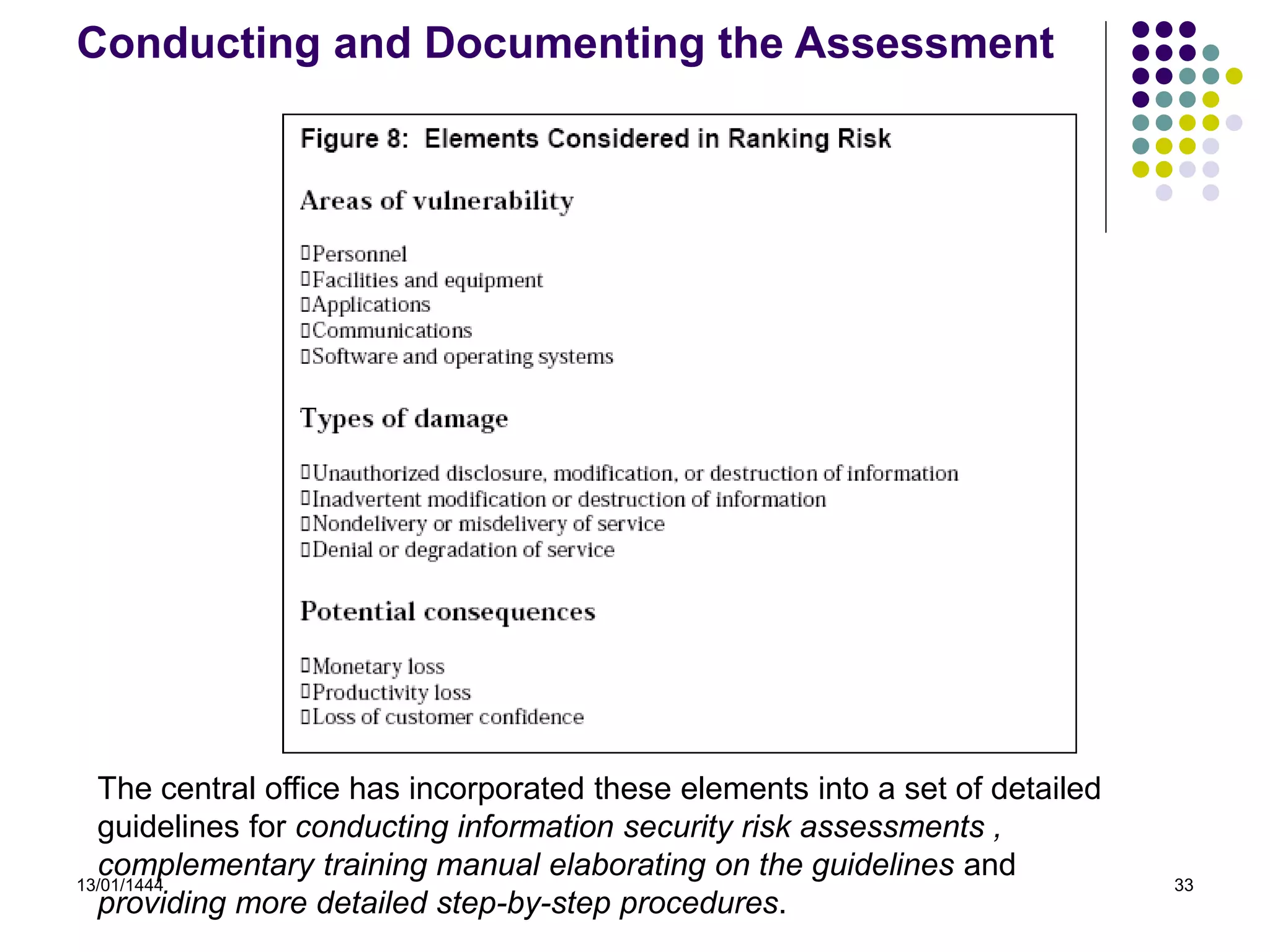 13/01/1444 33
Conducting and Documenting the Assessment
The central office has incorporated these elements into a set of detailed
guidelines for conducting information security risk assessments ,
complementary training manual elaborating on the guidelines and
providing more detailed step-by-step procedures.
 