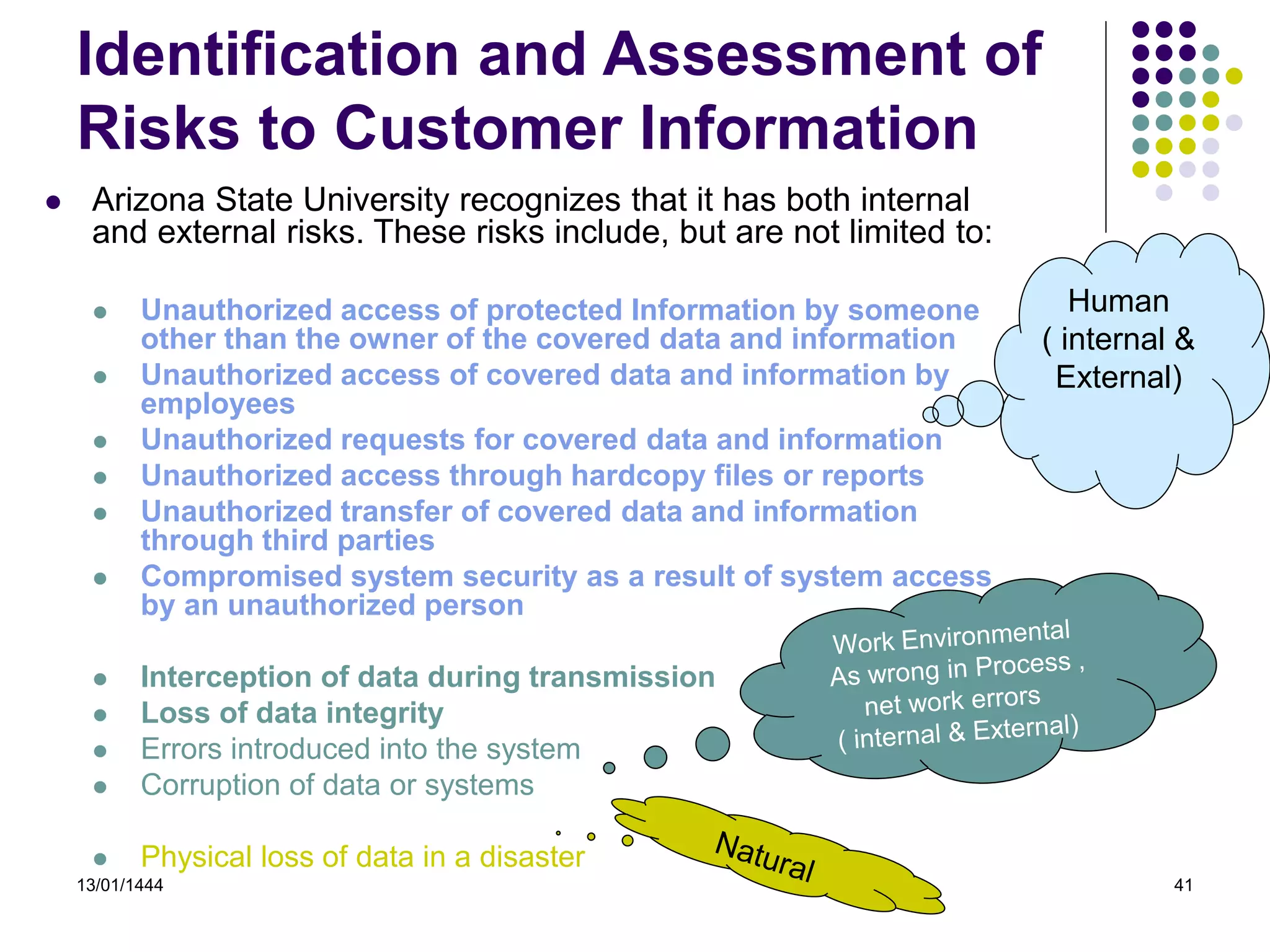 13/01/1444 41
Identification and Assessment of
Risks to Customer Information
 Arizona State University recognizes that it has both internal
and external risks. These risks include, but are not limited to:
 Unauthorized access of protected Information by someone
other than the owner of the covered data and information
 Unauthorized access of covered data and information by
employees
 Unauthorized requests for covered data and information
 Unauthorized access through hardcopy files or reports
 Unauthorized transfer of covered data and information
through third parties
 Compromised system security as a result of system access
by an unauthorized person
 Interception of data during transmission
 Loss of data integrity
 Errors introduced into the system
 Corruption of data or systems
 Physical loss of data in a disaster
Human
( internal &
External)
 