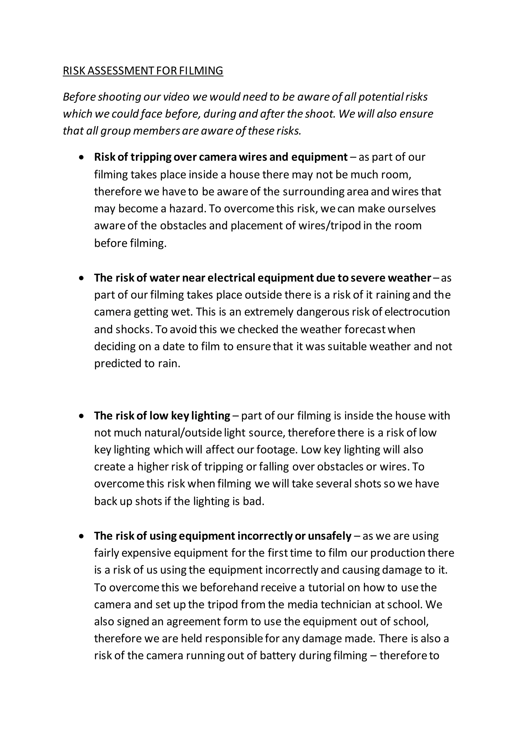 Risk Assesment for Filming | DOCX