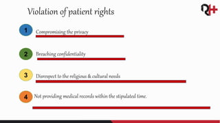 Compromising the privacy
Breaching confidentiality
Disrespect to the religious & cultural needs
Not providing medical records within the stipulated time.
Violation of patient rights
1
2
3
4
 