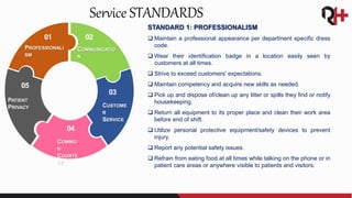 Service STANDARDS
01
PROFESSIONALI
SM
COMMUNICATIO
N
02
CUSTOME
R
SERVICE
03
COMMO
N
COURTE
SY
04
PATIENT
PRIVACY
05
STANDARD 1: PROFESSIONALISM
 Maintain a professional appearance per department specific dress
code.
 Wear their identification badge in a location easily seen by
customers at all times.
 Strive to exceed customers' expectations.
 Maintain competency and acquire new skills as needed.
 Pick up and dispose of/clean up any litter or spills they find or notify
housekeeping.
 Return all equipment to its proper place and clean their work area
before end of shift.
 Utilize personal protective equipment/safety devices to prevent
injury.
 Report any potential safety issues.
 Refrain from eating food at all times while talking on the phone or in
patient care areas or anywhere visible to patients and visitors.
 