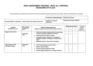 RISK ASSESSMENT RECORD - WITH ALL CONTROL
                                            MEASURES IN PLACE


         Each assessment must take into account and record any specific hazards arising from the activity, before the assessment is complete.


                                                                            Production Safety Manager        Richard O’Connor

                                                                            Assessor. Richard                Assessment Date: 30/03/12
Accommodation Assessed . Eccles sixth form centre room C19
                                                                            O’Connor


                                                                                                                RISK (with controls)    Additional
                               Who might be
          HAZARD                                                 PRECAUTIONS/CONTROLS                                                   Controls
                               harmed and
      potential for harm                             already in place to remove hazard, reduce risk level        L     S        R       Needed.
                               how ?
                                                                                                                                       Details Over
Hygiene And Comfort                                  •   Toilets and sinks provided outside of classrooms.
                               Production                Hot and Cold water, available in canteen.               1     1        1
                               team                  •   Drinking water provided in Toilets.
                                                     •   Inadequate natural Ventilation for students, 0
                                                         openable windows, although air conditioning in
                                                         place
                                                     •   Adequate space in classroom for students.

Trips, Slips and Falls         Production            •   Good Housekeeping [ cleaned daily ]                     1     1        1
[ Workplace Regs ]             team
                                                     •   Minimal trailing Cables.
                                                     •   Artificial Ceiling Lighting provided.
                                                     •   Carpet slightly stained but in average condition.
 