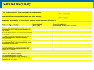 Health and safety policy

This is the statement of general policy and arrangements for:
                                                                                                    Name of organisation
Overall and final responsibility for health and safety is that of:
                                                                                                    Name of employer
Day-to-day responsibility for ensuring this policy is put into practice is delegated to:

                                                                       Responsibility of   Action / Arrangements
Statement of general policy
                                                                       (Name / Title)      (Customise to meet your own situation)
To prevent accidents and cases of work-related ill health and
provide adequate control of health and safety risks arising from
work activities
To provide adequate training to ensure employees are competent
to do their work
To engage and consult with employees on day-to-day health and
safety conditions and provide advice and supervision on
occupational health
To implement emergency procedures - evacuation in case of fire
or other significant incident. You can find help with your fire risk
assessment at: (See note 1 below)


To maintain safe and healthy working conditions, provide and
maintain plant, equipment and machinery, and ensure safe
storage / use of substances


Health and safety law poster is displayed:
First-aid box and accident book are located:
Accidents and ill health at work reported under RIDDOR:
(Reporting of Injuries, Diseases and Dangerous Occurrences
Regulations) (see note 2 below)
 