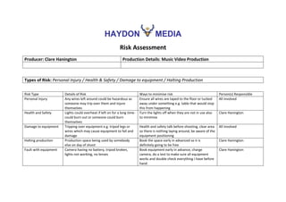 HAYDON MEDIA
Risk Assessment
Producer: Clare Hanington Production Details: Music Video Production
Types of Risk: Personal ...