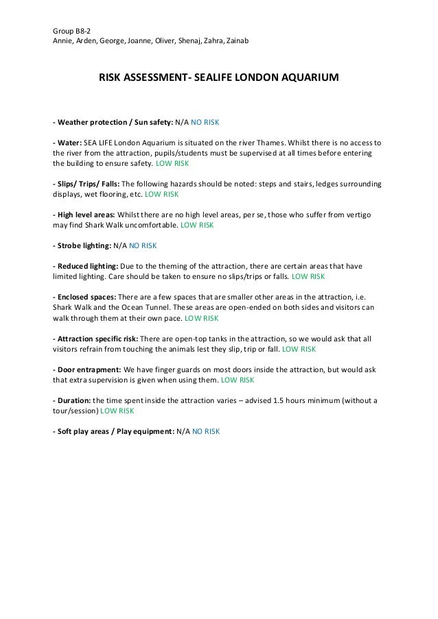 Risk assessment. london aquarium