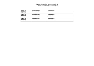 FACILITY RISK ASSESSMENT 
DATE OF 
REVIEW: 
REVIEWED BY: COMMENTS: 
DATE OF 
REVIEW: 
REVIEWED BY: COMMENTS: 
DATE OF 
REVIEW: 
REVIEWED BY: COMMENTS: 
