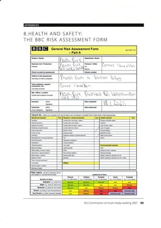 B.HEALTH AN
THE BBC RISK
D SAFETY:
ASSESSMENT FORM
EIEIEI General Risk Assessment Form Apfl 2007- DC
- Part A
Dlvision / Studio
LerM^ 9,^"V
Department / Series
Business Unit / Production
Address
Producer / Editor
Tel:
irobile:
Cu..*."q U".Ao"
Period covered by assessment VeBion number
Outline of risk assessment
Sunmary of what is proposed
Team members / experts /
contractore ,/ etc.
List those involved
tO^,.0f  Vep[u*
Site/Office/Location
Outline site/ locations involved
NNlk+, tcn K, Wetu"*fr0.c',
Assessor Name
Siqnature
Date completed
Authoriser Name
(if not Assessor) Signature
Date authorised
Hazard list - seiect your hazards from the list betow and use these to conplete Part B (add othes where apprcpiate)
Situational hazards Tick Physical / chemical hazards Tick Health hazards Tick
Asbeslos Coniactwith cold liquid / vapour Disease @usative agent
Assault by person contact with cold surface lnfection
Attac[ed by animal Contact with hot liquid / vapour Lack offood / water
Breathing compressed gas Contact with hot surface Lack of oxygen
Cold environment Electric shock Physical faligue
Ctush by load Explosive blast actio n
Drowning Explosive release of stored pressure Static body poslure
Entanglement in moving machinery Fire Stress
Hot envkonment Hazardous subslance
lntimidation lonizing radiation
Lifting Equipment Laser light Environmental hazards
Manual handling L0htning strike Litter
Object falling moving or flying Noise Nuisance noise / vrbration
Obstructron / exposed feature radiation Physical damage
Sharp object / material Skoboscopic irght Waste substance released inio air
Slippery surface Vibration Waste substance released inlo soil / water
Trap in moving machinery
Trrp hazard Other
Vehicle impact/ collision
Working at heiqht
RiSk matfix - use this to ctetemine isk fot
each hazard i.e.'how bad and how likely' Likelihood of Harm
Severity of Harm
Remote
e.9. <1 in 1000 chance
Unlikely
e.g. 1 in 200 chance
Possible
e.g. 1 in 50 chance
Likely
e.g. 1 in 10 chance
Probable
e.g. >1 in 3 chance
Negligible e.g. small bruise
Slight e.g. small cut, dee p bruise Medium
Moderate e-9. deep cuf, torn muscle Medium Medium
Severe e.9. fracture, /oss orcorsciousress Medium Enremely high
Very Severe e.g death, pemanent disability Medium Extrcmely high Extremely high
NUJ Commission on multi-media working 2007 53
ff*khh-
YUoWs (qos. t,,r oti"orr. ^ttl
B  '/oIS
 