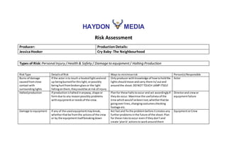 HAYDON MEDIA
Risk Assessment
Producer: ProductionDetails:
JessicaHooker Cry Baby- The Neighbourhood
Types of Risk: PersonalInjury /Health & Safety / Damage to equipment/ Halting Production
RiskType Detailsof Risk Ways to minimiserisk Person(s) Responsible
Burns of damage
causedfromclose
contact with
surroundinglights
If the actor isto touch a heatedlightandend
up beingburnedforthislight,orpossibly
beinghurtfrombrokenglassor the light
fallingonthem,theycouldbe at risk of injury.
Onlyproducerwithknowledge of howtoholdthe
lightsshouldmove andcarry themin/outand
aroundthe shoot.DONOT TOUCH LAMP ITSELF
Actor
Haltedproduction If productionishaltedinanyway,shape or
formdue to any reasonpossibly problems
withequipmentorneedsof the crew.
Planfor these haltstooccur and act accordinglyif
theydo occur. Maximise the usefulnessof the
time whichwould’vebeenlost,whetherthatbe
goingoverlines,changingcostumeschecking
footage etc.
Directorand crewor
equipmentfailure
Damage to equipment If any of the usedequipmentmaybreak,
whetherthatbe fromthe actionsof the crew
or by the equipmentitselfbreakingdown
Act fastand fix the problembefore itcreatesany
furtherproblemsinthe future of the shoot.Plan
for these riskstooccur evenif theydon’tand
create ‘planb’ actionsto workaroundthem
EquipmentorCrew
 