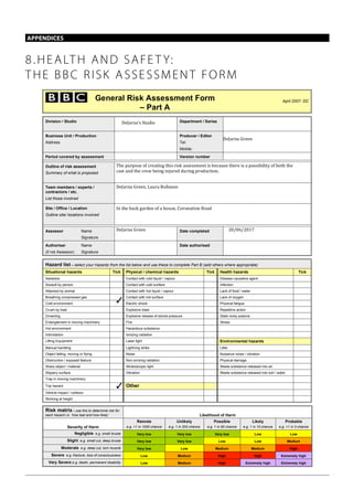 NUJ Commission on multi-media working 2007 53
APPENDICES
8.HEALTH AND SAFE T Y:
THE BBC RISK ASSESSMENT FORM
General Risk Assessment Form
– Part A
April 2007- DC
Division / Studio Department / Series
Business Unit / Production
Address
Producer / Editor
Tel:
Mobile:
Period covered by assessment Version number
Outline of risk assessment
Summary of what is proposed
Team members / experts /
contractors / etc.
List those involved
Site / Office / Location
Outline site/ locations involved
Assessor Name
Signature
Date completed
Authoriser Name
(if not Assessor) Signature
Date authorised
Hazard list – select your hazards from the list below and use these to complete Part B (add others where appropriate)
Situational hazards Tick Physical / chemical hazards Tick Health hazards Tick
Asbestos Contact with cold liquid / vapour Disease causative agent
Assault by person Contact with cold surface Infection
Attacked by animal Contact with hot liquid / vapour Lack of food / water
Breathing compressed gas Contact with hot surface Lack of oxygen
Cold environment Electric shock Physical fatigue
Crush by load Explosive blast Repetitive action
Drowning Explosive release of stored pressure Static body posture
Entanglement in moving machinery Fire Stress
Hot environment Hazardous substance
Intimidation Ionizing radiation
Lifting Equipment Laser light Environmental hazards
Manual handling Lightning strike Litter
Object falling, moving or flying Noise Nuisance noise / vibration
Obstruction / exposed feature Non-ionizing radiation Physical damage
Sharp object / material Stroboscopic light Waste substance released into air
Slippery surface Vibration Waste substance released into soil / water
Trap in moving machinery
Trip hazard Other
Vehicle impact / collision
Working at height
Risk matrix – use this to determine risk for
each hazard i.e. ‘how bad and how likely’ Likelihood of Harm
Severity of Harm
Remote
e.g. <1 in 1000 chance
Unlikely
e.g. 1 in 200 chance
Possible
e.g. 1 in 50 chance
Likely
e.g. 1 in 10 chance
Probable
e.g. >1 in 3 chance
Negligible e.g. small bruise Very low Very low Very low Low Low
Slight e.g. small cut, deep bruise Very low Very low Low Low Medium
Moderate e.g. deep cut, torn muscle Very low Low Medium Medium High
Severe e.g. fracture, loss of consciousness Low Medium High High Extremely high
Very Severe e.g. death, permanent disability Low Medium High Extremely high Extremely high
	
  
DeJarna’s	
  Studio	
  
The	
  purpose	
  of	
  creating	
  this	
  risk	
  assessment	
  is	
  because	
  there	
  is	
  a	
  possibility	
  of	
  both	
  the	
  
cast	
  and	
  the	
  crew	
  being	
  injured	
  during	
  production.	
  
DeJarna	
  Green	
  
DeJarna	
  Green,	
  Laura	
  Rollason	
  
In	
  the	
  back	
  garden	
  of	
  a	
  house,	
  Coronation	
  Road
DeJarna	
  Green	
   20/06/2017	
  
	
  
✓	
  
✓
 