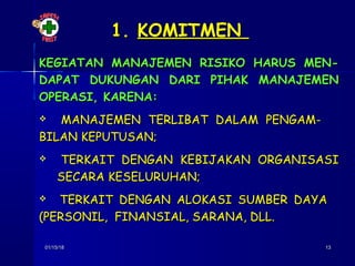 01/15/1801/15/18 1313
1.1. KOMITMENKOMITMEN
KEGIATAN MANAJEMEN RISIKO HARUS MEN-KEGIATAN MANAJEMEN RISIKO HARUS MEN-
DAPAT DUKUNGAN DARI PIHAK MANAJEMENDAPAT DUKUNGAN DARI PIHAK MANAJEMEN
OPERASI, KARENA:OPERASI, KARENA:
 MANAJEMEN TERLIBAT DALAM PENGAM-MANAJEMEN TERLIBAT DALAM PENGAM-
BILAN KEPUTUSAN;BILAN KEPUTUSAN;
 TERKAIT DENGAN KEBIJAKAN ORGANISASITERKAIT DENGAN KEBIJAKAN ORGANISASI
SECARA KESELURUHAN;SECARA KESELURUHAN;
 TERKAIT DENGAN ALOKASI SUMBER DAYATERKAIT DENGAN ALOKASI SUMBER DAYA
(PERSONIL, FINANSIAL, SARANA, DLL.(PERSONIL, FINANSIAL, SARANA, DLL.
 