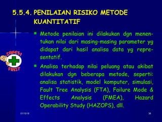 01/15/1801/15/18 3838
5.5.4. PENILAIAN RISIKO METODE
KUANTITATIF
 Metode penilaian ini dilakukan dgn menen-Metode penilaian ini dilakukan dgn menen-
tukan nilai dari masing-masing parameter ygtukan nilai dari masing-masing parameter yg
didapat dari hasil analisa data yg repre-didapat dari hasil analisa data yg repre-
sentatif.sentatif.
 Analisa terhadap nilai peluang atau akibatAnalisa terhadap nilai peluang atau akibat
dilakukan dgn beberapa metode, seperti:dilakukan dgn beberapa metode, seperti:
analisa statistik, model komputer, simulasi,analisa statistik, model komputer, simulasi,
Fault Tree Analysis (FTA), Failure Mode &Fault Tree Analysis (FTA), Failure Mode &
Effects Analysis (FMEA), HazardEffects Analysis (FMEA), Hazard
Operability Study (HAZOPS), dll.Operability Study (HAZOPS), dll.
 