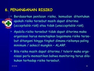 01/15/1801/15/18 3939
6. PENANGANAN RISIKO6. PENANGANAN RISIKO
 BerdasarkanBerdasarkan penilaian risiko, kemudian ditentukanpenilaian risiko, kemudian ditentukan
apakah risiko tersebut masih dapat diterimaapakah risiko tersebut masih dapat diterima
((acceptable riskacceptable risk)) atau tidak (atau tidak (unacceptable riskunacceptable risk).).
 Apabila risiko tersebut tidak dapat diterima makaApabila risiko tersebut tidak dapat diterima maka
organisasi harus menetapkan bagaimana risiko terse-organisasi harus menetapkan bagaimana risiko terse-
but ditangani hingga tingkat dimana risikonya palingbut ditangani hingga tingkat dimana risikonya paling
minimum / sekecil mungkin – ALARP.minimum / sekecil mungkin – ALARP.
 Bila risiko masih dapat diterima / tolerir maka orga-Bila risiko masih dapat diterima / tolerir maka orga-
nisasi perlu memastikan bahwa monitoring terus dila-nisasi perlu memastikan bahwa monitoring terus dila-
kukan terhadap risiko tersebut.kukan terhadap risiko tersebut.
 