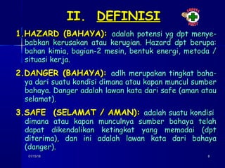 01/15/1801/15/18 88
II.II. DEFINISIDEFINISI
1.HAZARD (BAHAYA):1.HAZARD (BAHAYA): adalah potensi yg dpt menye-adalah potensi yg dpt menye-
babkan kerusakan atau kerugian. Hazard dpt berupa:babkan kerusakan atau kerugian. Hazard dpt berupa:
bahan kimia, bagian-2 mesin, bentuk energi, metoda /bahan kimia, bagian-2 mesin, bentuk energi, metoda /
situasi kerja.situasi kerja.
2.DANGER (BAHAYA):2.DANGER (BAHAYA): adlh merupakan tingkat baha-adlh merupakan tingkat baha-
ya dari suatu kondisi dimana atau kapan muncul sumberya dari suatu kondisi dimana atau kapan muncul sumber
bahaya. Danger adalah lawan kata dari safe (aman ataubahaya. Danger adalah lawan kata dari safe (aman atau
selamat).selamat).
3.SAFE (SELAMAT / AMAN):3.SAFE (SELAMAT / AMAN): adalah suatu kondisiadalah suatu kondisi
dimana atau kapan munculnya sumber bahaya telahdimana atau kapan munculnya sumber bahaya telah
dapat dikendalikan ketingkat yang memadai (dptdapat dikendalikan ketingkat yang memadai (dpt
diterima), dan ini adalah lawan kata dari bahayaditerima), dan ini adalah lawan kata dari bahaya
(danger).(danger).
 