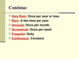 Continue
 Very Rare: Once per year or less.
 Rare: A few time per year.
 Unusual: Once per month.
 Occasional: Once per week
 Frequent: Daily
 Continuous: Constant
 