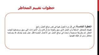 ‫المخاطر‬ ‫تقييم‬ ‫خطوات‬
‫الخطوة‬‫الخامسة‬:‫في‬‫كل‬‫مرة‬‫تتجول‬‫فيها‬‫في‬‫نفس‬‫موقع‬‫العمل‬‫راجع‬
‫تقييمك‬‫للمخاطر‬‫السابقة‬‫وأن‬‫العمل‬‫الذي‬‫سبق‬‫وقيمته‬‫مازال‬‫قائم‬‫وأن‬‫اإلجراءات‬‫التي‬‫سبق‬‫ووض‬‫عتها‬‫لتجنب‬
‫الخطر‬‫تتم‬‫بطريقة‬‫صحيحة‬‫وابحث‬‫في‬‫موقع‬‫العمل‬‫عن‬‫األعمال‬‫الجديدة‬‫فكل‬‫عمل‬‫جديد‬‫يضاف‬‫قد‬‫ي‬‫صاحبه‬
‫مخاطر‬‫ومن‬‫ثم‬‫عليك‬‫تقييمها‬.
 