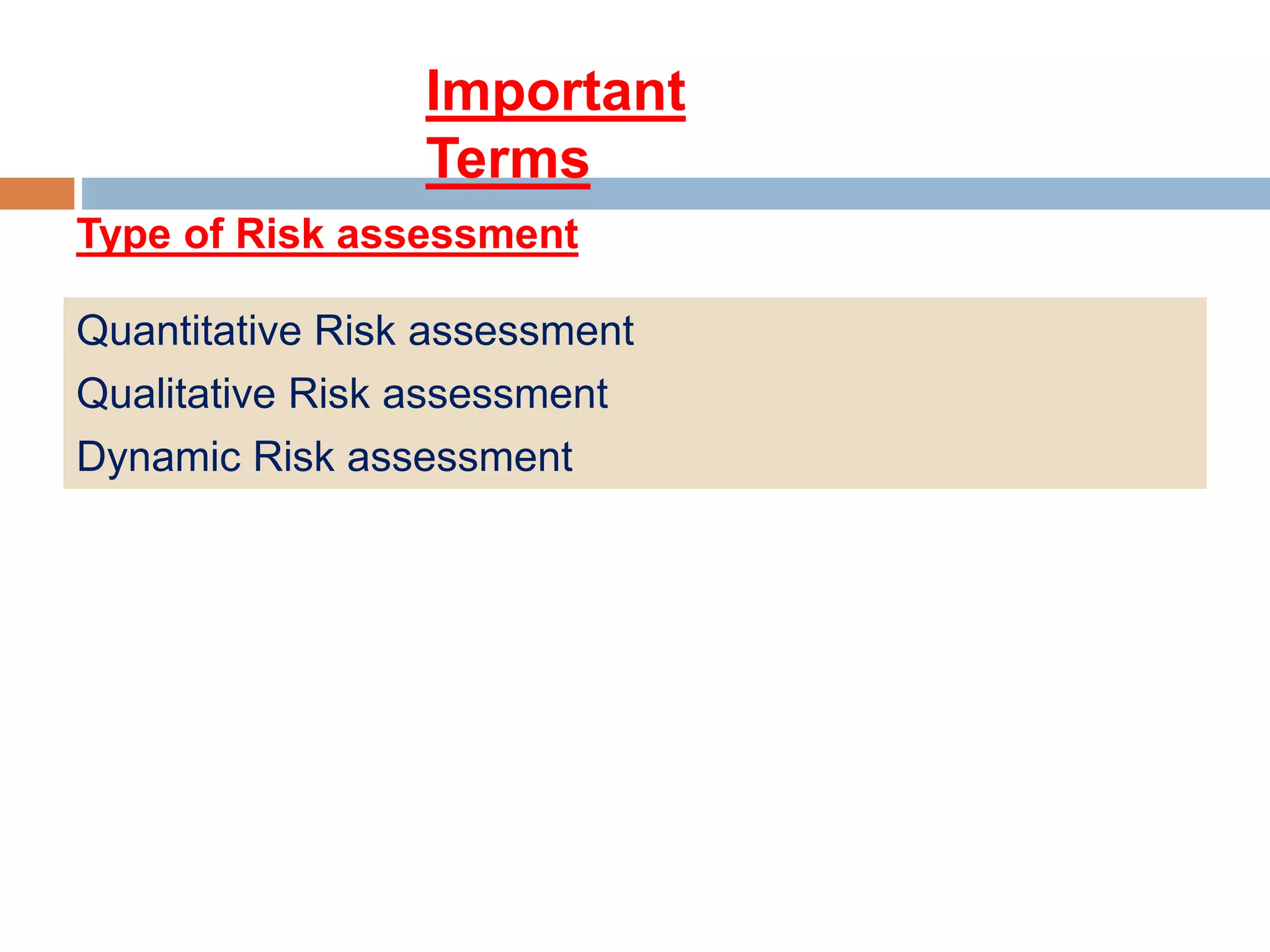 Quantitative Risk assessment
Qualitative Risk assessment
Dynamic Risk assessment
Important
Terms
Type of Risk assessment
 