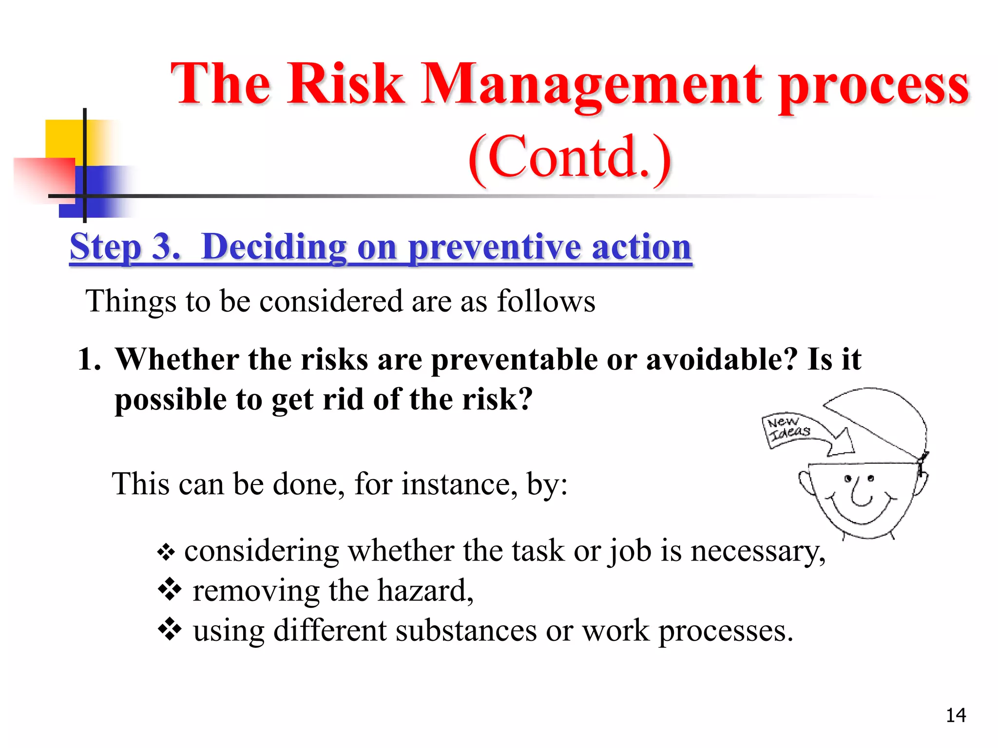 14
The Risk Management process
(Contd.)
Step 3. Deciding on preventive action
This can be done, for instance, by:
Things to be considered are as follows
1. Whether the risks are preventable or avoidable? Is it
possible to get rid of the risk?
 considering whether the task or job is necessary,
 removing the hazard,
 using different substances or work processes.
 