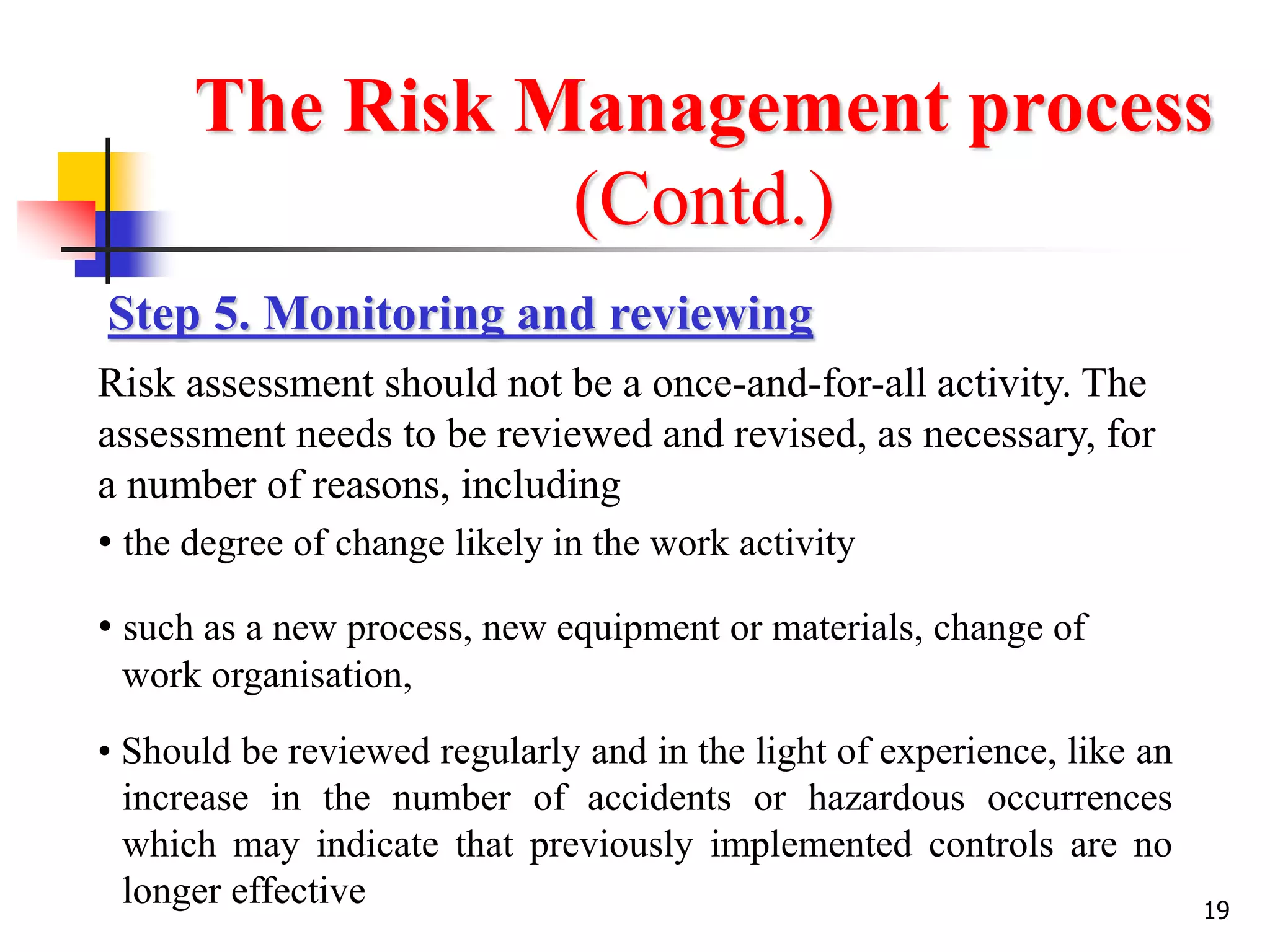 19
The Risk Management process
(Contd.)
Risk assessment should not be a once-and-for-all activity. The
assessment needs to be reviewed and revised, as necessary, for
a number of reasons, including
Step 5. Monitoring and reviewing
• the degree of change likely in the work activity
• such as a new process, new equipment or materials, change of
work organisation,
• Should be reviewed regularly and in the light of experience, like an
increase in the number of accidents or hazardous occurrences
which may indicate that previously implemented controls are no
longer effective
 