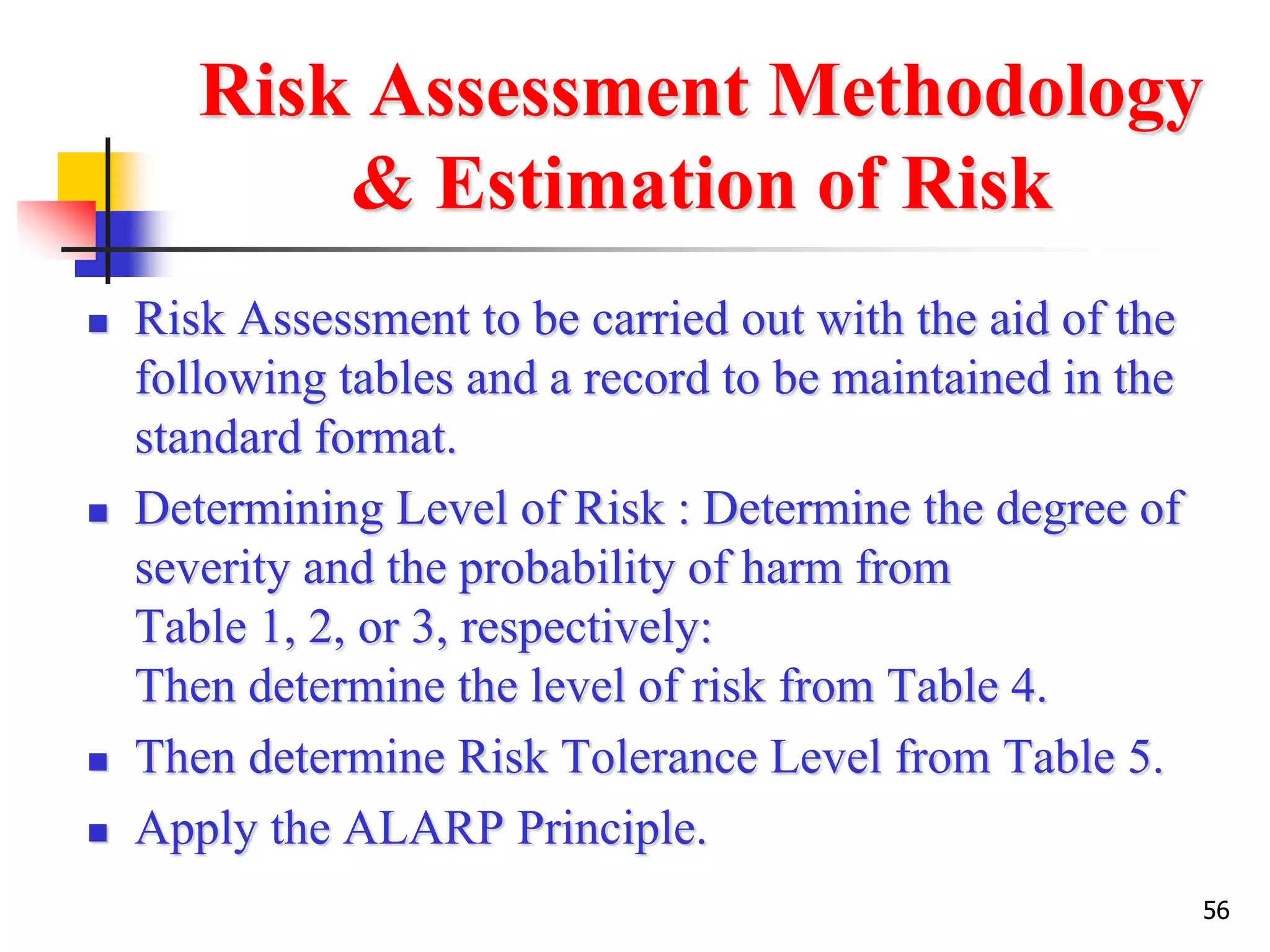 56
Risk Assessment Methodology
& Estimation of Risk
 Risk Assessment to be carried out with the aid of the
following tables and a record to be maintained in the
standard format.
 Determining Level of Risk : Determine the degree of
severity and the probability of harm from
Table 1, 2, or 3, respectively:
Then determine the level of risk from Table 4.
 Then determine Risk Tolerance Level from Table 5.
 Apply the ALARP Principle.
 