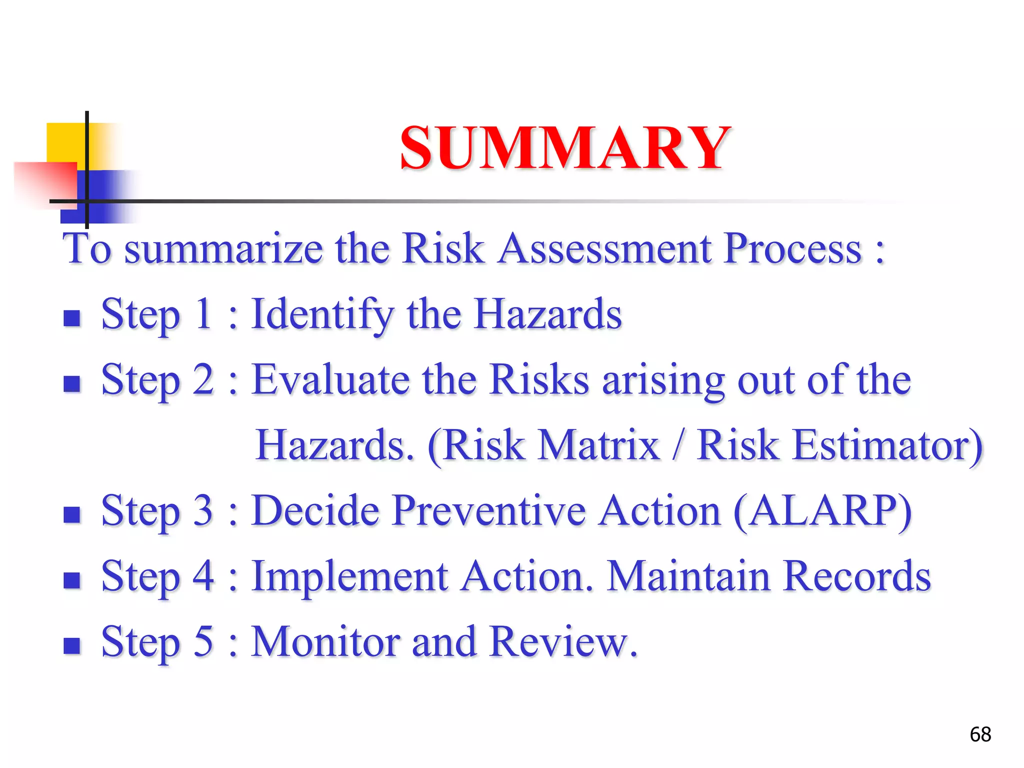 68
SUMMARY
To summarize the Risk Assessment Process :
 Step 1 : Identify the Hazards
 Step 2 : Evaluate the Risks arising out of the
Hazards. (Risk Matrix / Risk Estimator)
 Step 3 : Decide Preventive Action (ALARP)
 Step 4 : Implement Action. Maintain Records
 Step 5 : Monitor and Review.
 