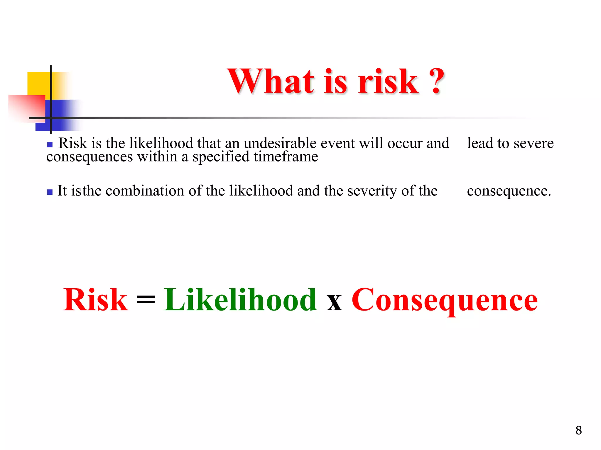 8
What is risk ?
 Risk is the likelihood that an undesirable event will occur and lead to severe
consequences within a specified timeframe
 It isthe combination of the likelihood and the severity of the consequence.
Risk = Likelihood x Consequence
 