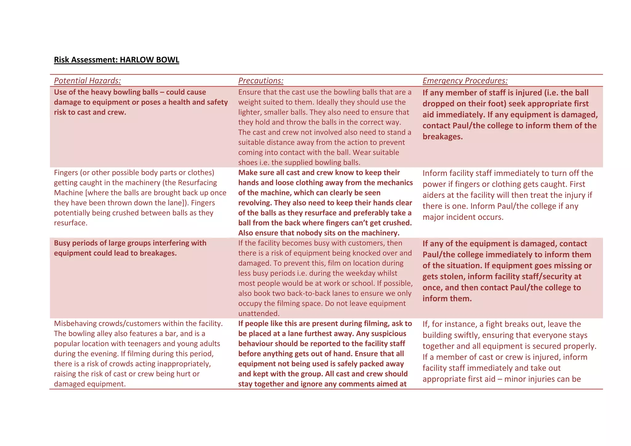 Risk assessment harlow bowl DOCX