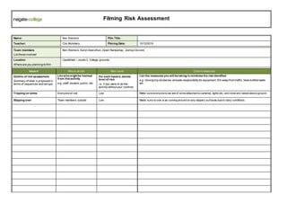 Name: Ben Sherlock Film Title:
Teacher: Cris Mummery Filming Date: 10/12/2019
Team members
List those involved
Ben Sherlock, Aaron Seeruthun, Dylan Rampartap, Joshua Ciccone
Location
Where are you planning to film
Castlefield – studio 3. College grounds.
Hazard Who is at risk Risk Level Control measures
Outline of risk assessment
Summary of what is proposed in
terms of sequences and set ups.
List whomightbe harmed
from this activity
e.g. staff, student, public, etc.
For each hazard, decide
level of risk
i.e. if you were to do the
activitywithout your controls
List the measures you will be taking to minimise the risk identified
e.g. moving trip obstacles, allocate responsibilityfor equipment, film awayfrom traffic, have bottled water
etc.
Tripping on wires Everyone on set Low Make sure everyone is aw are of wiresattached to cameras, lights etc, and none are raised above ground.
Slipping over Team members outside Low Made sure no one w as running around on any slippery surfaces due to rainy conditions.
Filming Risk Assessment