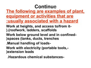Continue
The following are examples of plant,
equipment or activities that are
usually associated with a hazard:
-Work at heights, and access to/from it
(roofwork, ladders, scaffolds(.
-Work below ground level and in confined
spaces (tanks, ducts, trenches(
-Manual handling of loads.
-Work with electricity (portable tools,
extension leads(
-Hazardous chemical substances.
 
