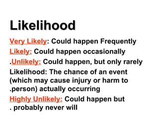 LikelihoodLikelihood
Very Likely: Could happen Frequently
Likely: Could happen occasionally
Unlikely: Could happen, but only rarely.
Likelihood: The chance of an event
(which may cause injury or harm to
person( actually occurring.
Highly Unlikely: Could happen but
probably never will.
 