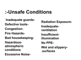 Unsafe Conditions:-
-Inadequate guards
-Defective tools
-Congestion
-Fire Hazards
-Bad housekeeping
-Hazardous
atmospheric
conditions
-Excessive Noise
-Radiation Exposure
-Inadequate
ventilation
-Insufficient
illumination
-No PPE
-Wet and slippery
surfaces.
 