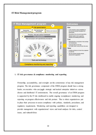 33
IT Risk Managementprogram
1) IT risk governance & compliance monitoring and reporting.
Ownership, accountability, and oversight are the cornerstones of any risk management
program. The risk governance component of the ITRM program should have a strong
leader, an executive who can juggle strategic and tactical enterprise initiatives across
diverse and distributed IT environments. The overall governance of an ITRM program
is supported by the IT risk dashboard to enable ongoing (compliance) monitoring and
reporting on program effectiveness and risk posture. This is where organizations put
in place their processes to assess compliance with policies, standards, procedures, and
regulatory requirements. Monitoring and reporting capabilities are designed to
provide management with organizational views and trend analyses for risks, control
issues, and vulnerabilities
 