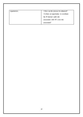 37
organization. • How can the process be enhanced?
• Is there an opportunity to coordinate
the IT internal audit risk
assessment with IT’s own risk
assessment?
 