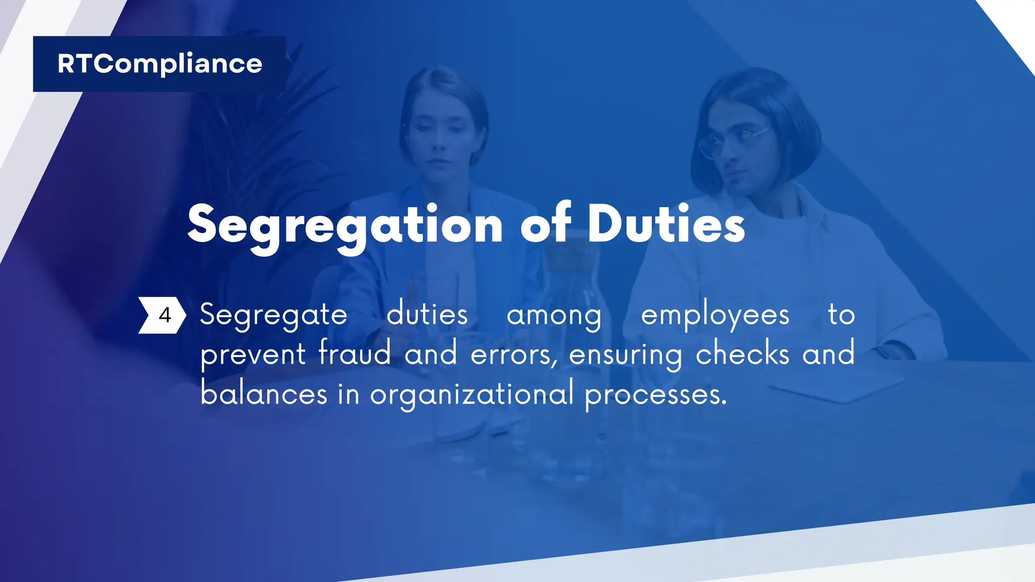 Segregation of Duties
4 Segregate duties among employees to
prevent fraud and errors, ensuring checks and
balances in organizational processes.
RTCompliance