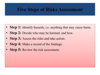 Five Steps of Risks Assessment
• Step 1: Identify hazards, i.e. anything that may cause harm.
• Step 2: Decide who may be harmed, and how.
• Step 3: Assess the risks and take action.
• Step 4: Make a record of the findings.
• Step 5: Review the risk assessment.
 
