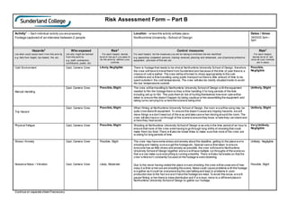 Risk Assessment Form – Part B
Activity1
– Each individual activity you are proposing:
Footage captured of an interview between 2 people
Location – w here this activity willtake place:
Northumbria University– School of Design
Dates / times:
16/03/22 2pm –
3pm
Hazards2
List what could cause harm f rom this activ ity
e.g. falls from height, trip hazard, fire, etc.
Who exposed
List who might be harmed
f rom this activ ity
e.g. staff, contractors,
contributors, public, etc.
Risk3
For each hazard, decide
lev el of risk as if y ou were to
do the activ ity without y our
controls
Control measures
For each hazard, list the measures y ou will be taking to minimise the risk identif ied
e.g. appointing competent persons, training received, planning and rehearsals, use of personal protective
equipment, provision of first aid, etc.
Risk3
For each hazard,
decide lev el of risk
once all y our controls
are in place
Cold Environment Cast, Camera Crew Likely, Negligible There is footage that needs to be shot at Northumbria University School of Design, therefore
the crew willhave to travelthere from Sunderland and because of the time of year there is a
chance of cold w eather. The crew willbe informed to dress appropriately to the cold
conditions and w illbe travelling using public transport so there is little amount of time to be
spent outside in the cold temperatures. The crew willalso be mostly situated inside to avoid
the low temperatures outside.
Possible,
Negligible
Manual Handling
Cast, Camera Crew Possible, Slight The crew willbe travelling to Northumbria University Schoolof Design w ith the equipment
needed to film the footage there so they w illbe handling it for long periods of the time
including set up to film. This puts them at risk of hurting themselves how ever care willbe
taken to ensure this doesn’t happen by being cautious w hen assembling the equipment and
taking turns carrying it to w here the scene is being shot.
Unlikely, Slight
Trip Hazard
Cast, Camera Crew Possible, Slight When filming at Northumbria University School of Design, the room w e willbe using may be
quite crow dedwith equipment. To ensure this doesn’t cause any tripping hazards, we will
move things w e don’t need out of the w ay and take care w hen moving around the room. The
crew willalso have a run through of the scene to ensure they know w here they can stand and
w here they must avoid.
Unlikely, Slight
Physical Fatigue Cast, Camera Crew Possible, Slight Shooting at Northumbria University Schoolof Design w as only in the time period of an hour to
ensure that none of the crew were having to go through long shifts of shooting that could
make them too tired. There w illalso be break times to make sure that none of the crew are
w orking for long periods of time.
Very Unlikely,
Negligible
Stress / Anxiety
Nuisance Noise / Vibration
Cast, Camera Crew
Cast, Camera Crew
Possible, Slight
Likely, Moderate
The crew may have some stress and anxiety about the deadline, getting to the place w e’re
shooting and making sure w e get the footage etc. Special care w illbe taken to ensure
everyone has as little stress and anxiety as possible, the crew willtravelto Northumbria
University Schoolof Design together and w e w illhave multiple run throughs of the scene so
that w e can make sure everything is running smoothly. There w illalso be breaks so that the
crew ’smind isn’t constantly focused on the footage w eare obtaining.
Due to the never having visited the place w e are shooting; the crew willbe unaw are of how
noisy it w illbe w hen we are shooting the scene. Noise could cause problems w ith the footage
w e gather as it could be overpowering the cast talking and lead to problems in post-
production due to the fact w e won’t have the footage we need. To avoid this issue, w e will
pause filming w hen there is noise distribution and if w e must, move to a different place in
Northumbria University Schoolof Design to gather our footage.
Unlikely, Negligible
Possible, Slight
Continue on separate sheet if necessary
 