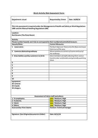 Work Activity Risk Assessment Form:
Department: visual Requestedby:Simon Date: 14/09/14
This risk assessmentisrequiredunder the Managementof Health and Safety at WorkRegulations
1999 and the Manual Handling Regulations1992.
Location:
Red Dreams (The Pluto Room)
Activity:
Please numberhazards and risks to correspond to theirnumberedcontrolledmeasure.
Hazards/Risks: Control Measures:
1 Loose wires Putduct tapeover themonto the floorand move
themout of the way.
2 Cameras obstructingwalkway Movecamerasto cornersof roomsand outof
the walkway.
3 Glass bottlesusedby customers to drink Have membersof staff collecting them and on
hand to clear and breaksand generally watching
them.
4
5
6
7
8
9
10
Equipment:
3X cameras
3X tripods
3X chargers
Assessment of risk to staff and others:
1. To employees. Low / Medium/ High
2. To Clients. Low / Medium/ High
3. Talent Low / Medium/ High
4. Others Low / Medium/ High
Assessedby:Peter Davies Position:Technical manager
Signature: (See Original documentin folder) Date:14/11/14
 