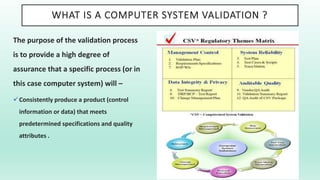WHAT IS A COMPUTER SYSTEM VALIDATION ?
The purpose of the validation process
is to provide a high degree of
assurance that a specific process (or in
this case computer system) will –
Consistently produce a product (control
information or data) that meets
predetermined specifications and quality
attributes .
 