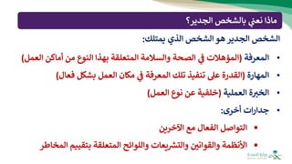 ‫الشخص‬
‫الجدير‬
‫هو‬
‫الشخص‬
‫الذي‬
‫يمتلك‬
:
•
‫المعرفة‬
(
‫المؤهالت‬
‫ي‬
‫ف‬
‫الصحة‬
‫والسالمة‬
‫المتعلقة‬
‫بهذا‬
‫النوع‬
‫من‬
‫أماكن‬
‫العمل‬
)
•
‫المهارة‬
(
‫القدرة‬
‫عل‬
‫تنفيذ‬
‫تلك‬
‫المعرفة‬
‫ي‬
‫ف‬
‫مكان‬
‫العمل‬
‫بشكل‬
‫فعال‬
)
•
‫ة‬ ‫ر‬
‫الخب‬
‫العملية‬
(
‫خلفية‬
‫عن‬
‫نوع‬
‫العمل‬
)
•
‫ات‬‫ر‬‫جدا‬
‫أخرى‬
:
▪
‫التواصل‬
‫الفعال‬
‫مع‬
‫اآلخرين‬
▪
‫األنظمة‬
‫والقواني‬
‫يعات‬ ‫ر‬
‫والتش‬
‫واللوائح‬
‫المتعلقة‬
‫بتقييم‬
‫الم‬
‫خاطر‬
‫الجدير؟‬ ‫بالشخص‬ ‫ي‬
‫نعت‬ ‫ماذا‬
 