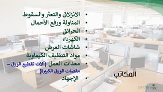 ‫المكاتب‬
•
‫االنزالق‬
‫والتعب‬
‫والسقوط‬
•
‫المناولة‬
‫ورفع‬
‫األحمال‬
•
‫ائق‬‫ر‬‫الح‬
•
‫الكهرباء‬
•
‫شاشات‬
‫ا‬
‫ل‬
‫عرض‬
•
‫مواد‬
‫التنظيف‬
‫الكيما‬
‫و‬
‫ية‬
•
‫معدات‬
‫العمل‬
(
‫آالت‬
‫تقطيع‬
‫الورق‬
–
‫مقصات‬
‫الورق‬
‫ة‬‫الكبب‬
)
•
‫اإل‬
‫جهاد‬
 