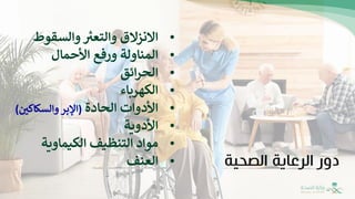 ‫الصحية‬ ‫الرعاية‬ ‫دور‬
•
‫االنزالق‬
‫والتعب‬
‫والسقوط‬
•
‫المناولة‬
‫ورفع‬
‫األحما‬
‫ل‬
•
‫ائق‬‫ر‬‫الح‬
•
‫الكهرباء‬
•
‫األدوات‬
‫الحادة‬
(
‫اإل‬
‫بر‬
‫والسكاكي‬
)
•
‫األدوية‬
•
‫مواد‬
‫التنظيف‬
‫الكيما‬
‫و‬
‫ية‬
•
‫العنف‬
 