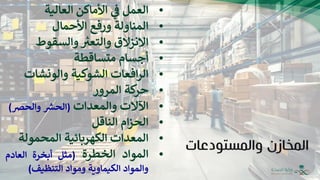 ‫والمستودعات‬ ‫المخازن‬
•
‫العمل‬
‫ي‬
‫ف‬
‫األماكن‬
‫العالية‬
•
‫المناولة‬
‫ورفع‬
‫األحمال‬
•
‫االنزالق‬
‫والتعب‬
‫والسقوط‬
•
‫أجسام‬
‫متساقطة‬
•
‫افعات‬‫ر‬‫ال‬
‫الشوكية‬
‫والونشات‬
•
‫كة‬
‫حر‬
‫المرور‬
•
‫اآلالت‬
‫والمعدات‬
(
‫ر‬
‫الحش‬
‫والحض‬
)
•
‫ام‬‫ز‬‫الح‬
‫الناقل‬
•
‫المعدات‬
‫الكهربائية‬
‫المحمول‬
‫ة‬
•
‫المواد‬
‫الخطرة‬
(
‫مثل‬
‫أبخرة‬
‫العادم‬
‫والمواد‬
‫الكيما‬
‫و‬
‫ية‬
‫ومواد‬
‫التنظيف‬
)
 