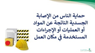 ‫اإلصابة‬ ‫من‬ ‫الناس‬ ‫حماية‬
‫المواد‬ ‫عن‬ ‫الناتجة‬ ‫الجسدية‬
‫اءات‬‫ر‬‫اإلج‬ ‫أو‬ ‫العمليات‬ ‫أو‬
‫العمل‬ ‫مكان‬ ‫ي‬
‫ف‬ ‫المستخدمة‬
 