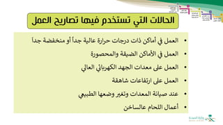 ‫ال‬ ‫تصاريح‬ ‫فيها‬ ‫تستخدم‬ ‫التي‬ ‫الحاالت‬
‫عمل‬
•
‫جدا‬ ‫منخفضة‬ ‫أو‬
ً
‫جدا‬ ‫عالية‬ ‫ارة‬‫ر‬‫ح‬ ‫درجات‬ ‫ذات‬ ‫أماكن‬ ‫ف‬ ‫العمل‬
•
‫والمحصورة‬ ‫الضيقة‬ ‫األماكن‬ ‫ف‬ ‫العمل‬
•
‫العاىل‬ ‫الكهربان‬ ‫الجهد‬ ‫معدات‬ ‫عىل‬ ‫العمل‬
•
‫شاهقة‬ ‫تفاعات‬‫ر‬‫ا‬ ‫عىل‬ ‫العمل‬
•
‫عند‬
‫الطبيغ‬ ‫وضعها‬ ‫وتغث‬ ‫المعدات‬ ‫صيانة‬
•
‫أعمال‬
‫اللحام‬
‫عالساخن‬
 