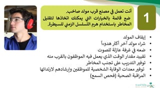 ‫أنت‬
‫تعمل‬
‫ي‬
‫ف‬
‫مصنع‬
‫قرب‬
‫مولد‬
‫صاخب‬
.
‫ضع‬
‫قائمة‬
‫ات‬‫ر‬‫بالخيا‬
‫ي‬
‫ر‬
‫الت‬
‫يمكنك‬
‫اتخاذها‬
‫لتق‬
‫ليل‬
‫المخاطر‬
‫باستخدام‬
‫هرم‬
‫التسلسل‬
‫ي‬
‫الزمت‬
‫للسي‬
‫طرة‬
.
•
‫إيقاف‬
‫المولد‬
•
‫اء‬ ‫ر‬
‫ش‬
‫آخر‬ ‫مولد‬
‫ر‬
‫أكث‬
ً
‫هدوءا‬
•
‫ضعه‬
‫للصوت‬ ‫لة‬‫ز‬‫عا‬ ‫غرفة‬ ‫ف‬
•
‫تقييد‬
‫بالقرب‬ ‫الموظفون‬ ‫فيه‬ ‫يعمل‬ ‫الذي‬ ‫الوقت‬‫مقدار‬
‫منه‬
•
‫توفث‬
‫تجنب‬ ‫عىل‬ ‫التدريب‬
‫المخاطر‬
•
‫معدات‬ ‫توفث‬
‫الوقاية‬
‫الشخصية‬
‫ل‬
‫وإرشاد‬ ‫لموظفي‬
‫ال‬ ‫هم‬
‫رتدائها‬
•
‫اقبة‬‫ر‬‫الم‬
‫الصحية‬
(
‫فحص‬
‫السمع‬
)
1
 